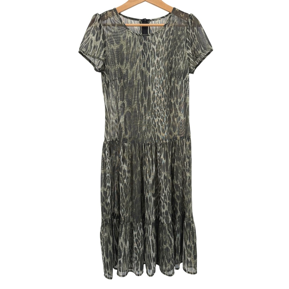 Womens Small Green Alligator Animal‎ Print Ruffle Sheer Dress Puff Sleeve Midi